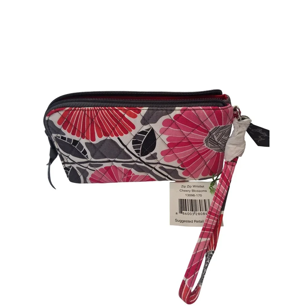 Vera Bradley Zip Zip Wristlet Cheery Blossoms Floral Quilted Pink Grey 13098-170